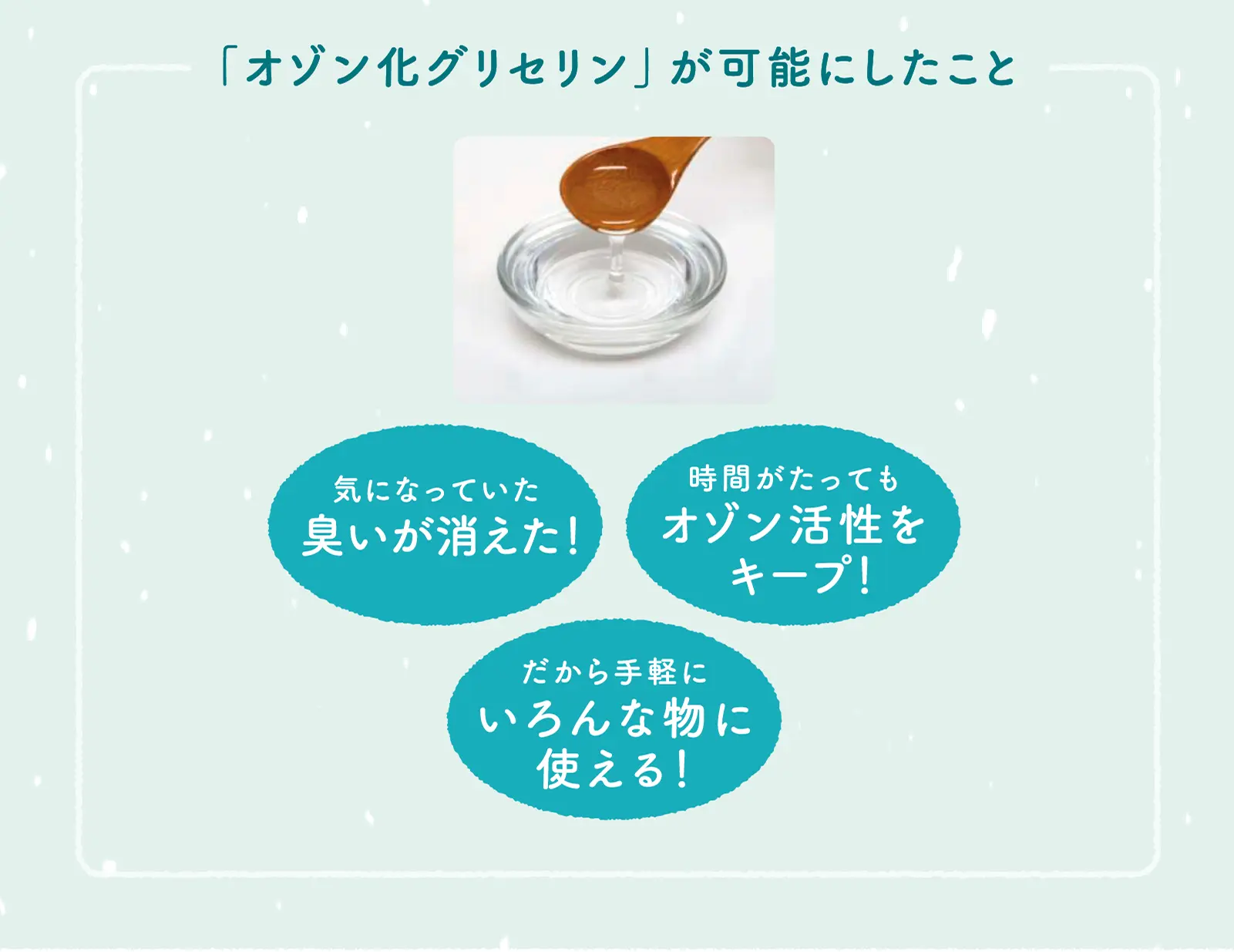 「オゾン化グリセリン」が可能にしたこと - 気になっていた臭いが消えた！だから手軽にいろんな物に使える！時間がたってもオゾン活性をキープ！